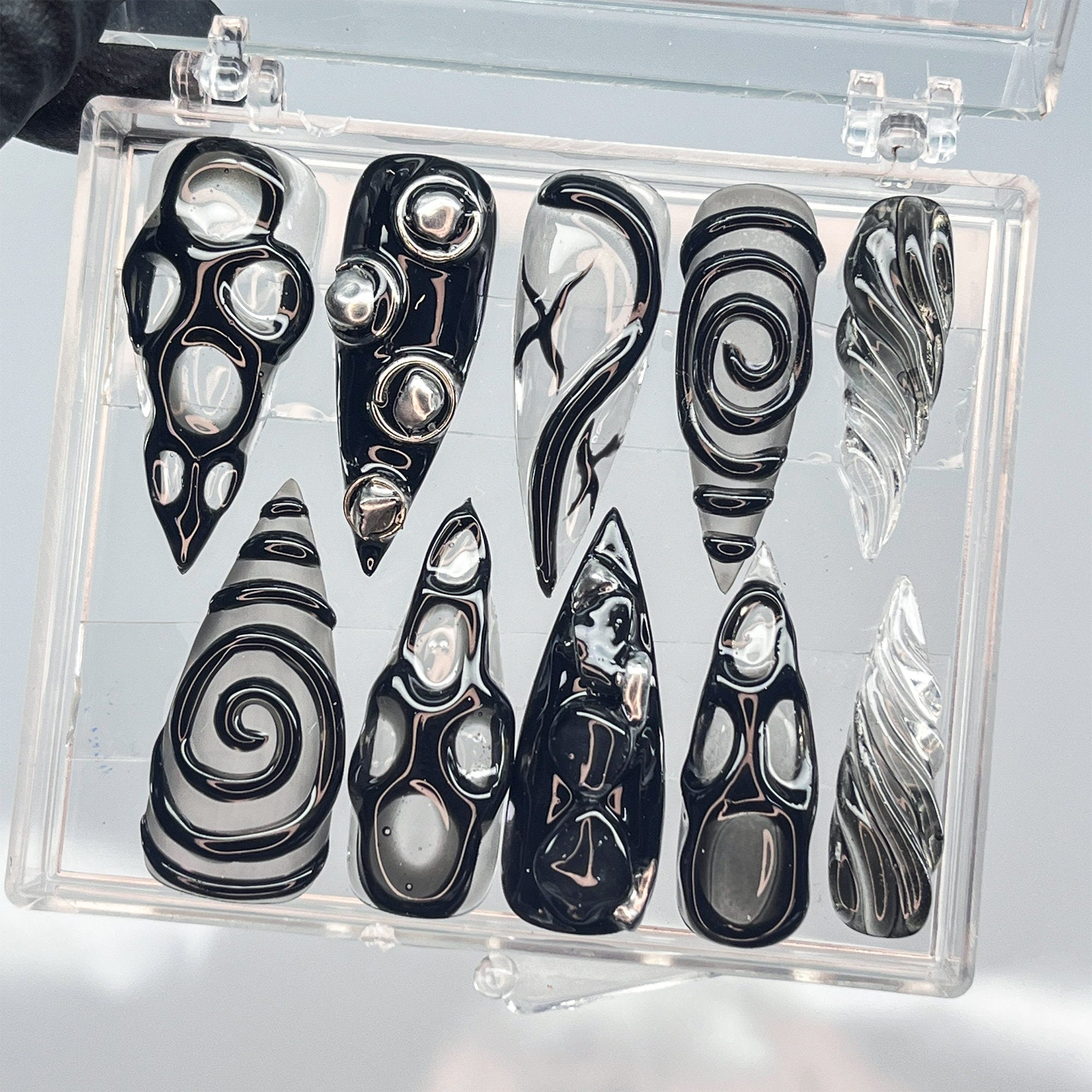 3D Black Clear Transparent Stiletto Goth Press On Nails, Handpainted Luxury Acrylic Gothic Fake Nails, Emo Y2K Style