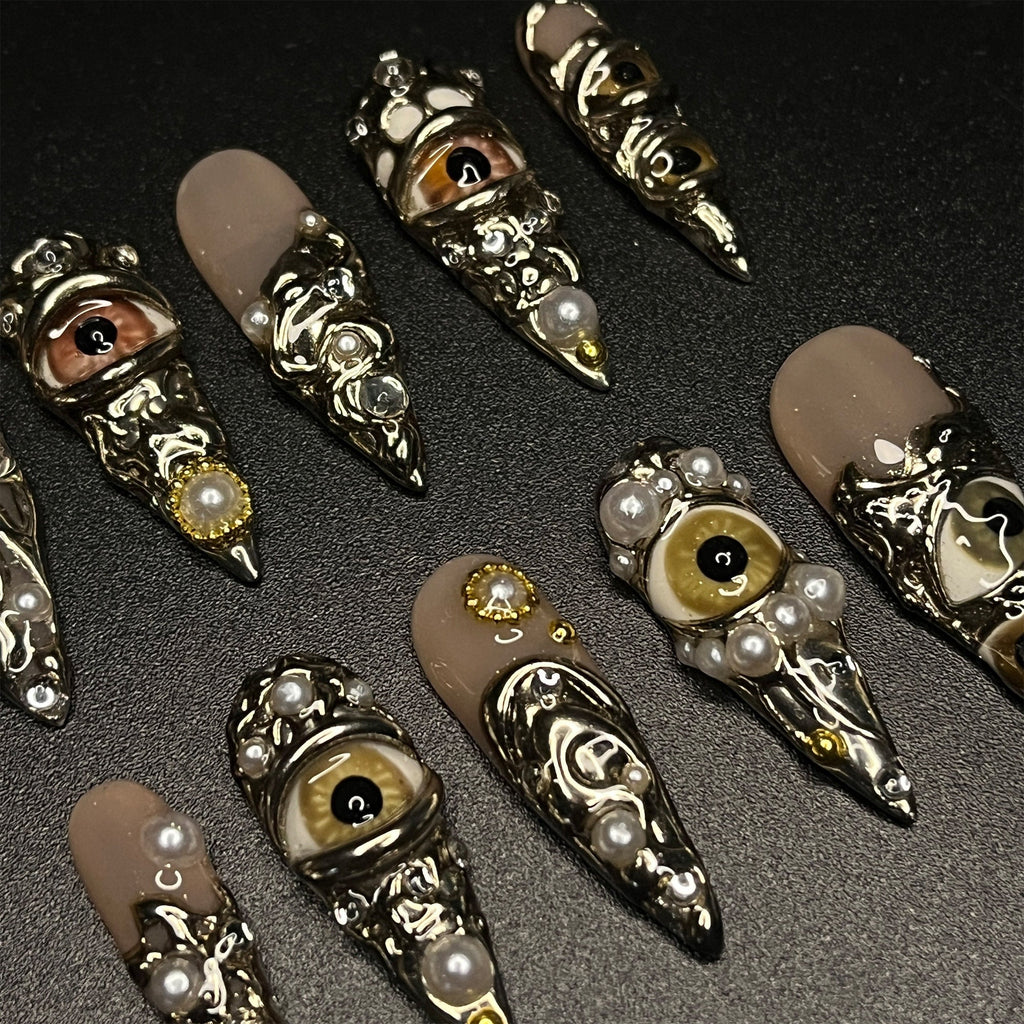 Horror Eyes Gothic/Emo Long Stiletto Press On Nail, Halloween/Cosplay/Carnival Nails Art, Handpainted Fake Nail, Reusable Gel Nail