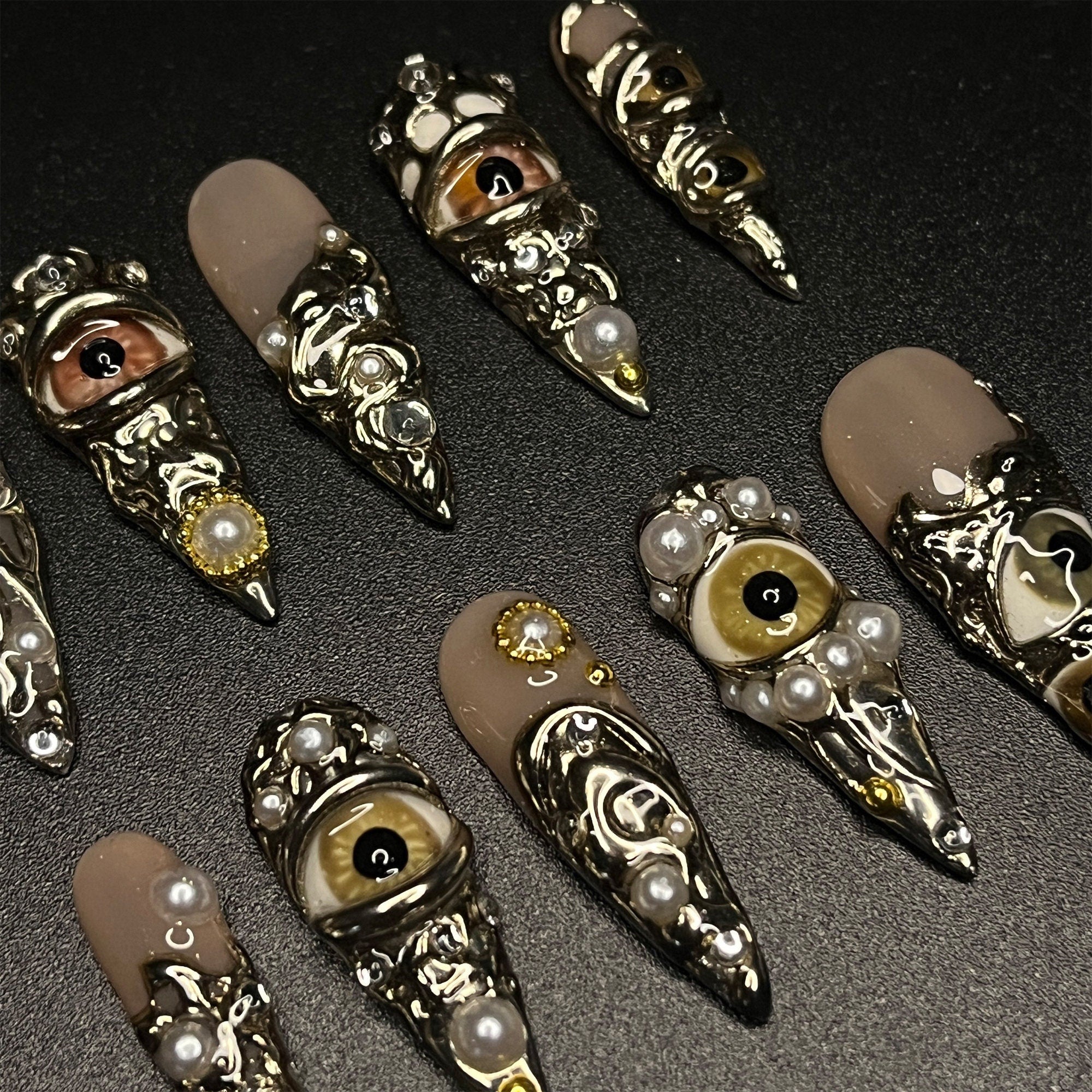 Horror Eyes Gothic/Emo Long Stiletto Press On Nail, Halloween/Cosplay/Carnival Nails Art, Handpainted Fake Nail, Reusable Gel Nail