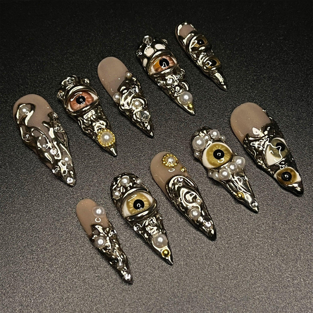 Horror Eyes Gothic/Emo Long Stiletto Press On Nail, Halloween/Cosplay/Carnival Nails Art, Handpainted Fake Nail, Reusable Gel Nail