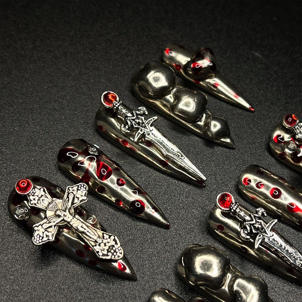 Silver Swords with Blood Long Stiletto Press On Nail, Halloween/Cosplay Nail Art, Handpainted Fake Nail, Reusable Gel Nail