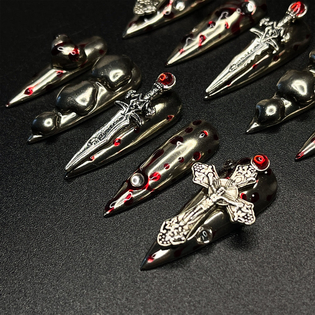 Silver Swords with Blood Long Stiletto Press On Nail, Halloween/Cosplay Nail Art, Handpainted Fake Nail, Reusable Gel Nail