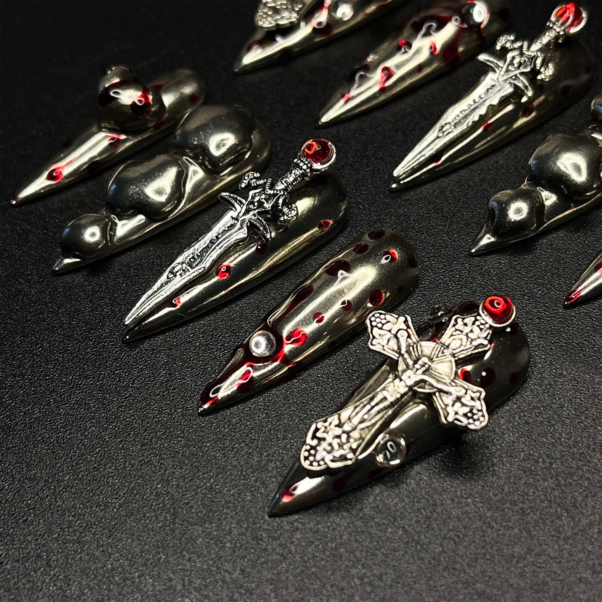 Silver Swords with Blood Long Stiletto Press On Nail, Halloween/Cosplay Nail Art, Handpainted Fake Nail, Reusable Gel Nail