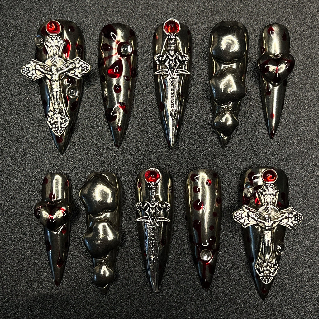 Silver Swords with Blood Long Stiletto Press On Nail, Halloween/Cosplay Nail Art, Handpainted Fake Nail, Reusable Gel Nail