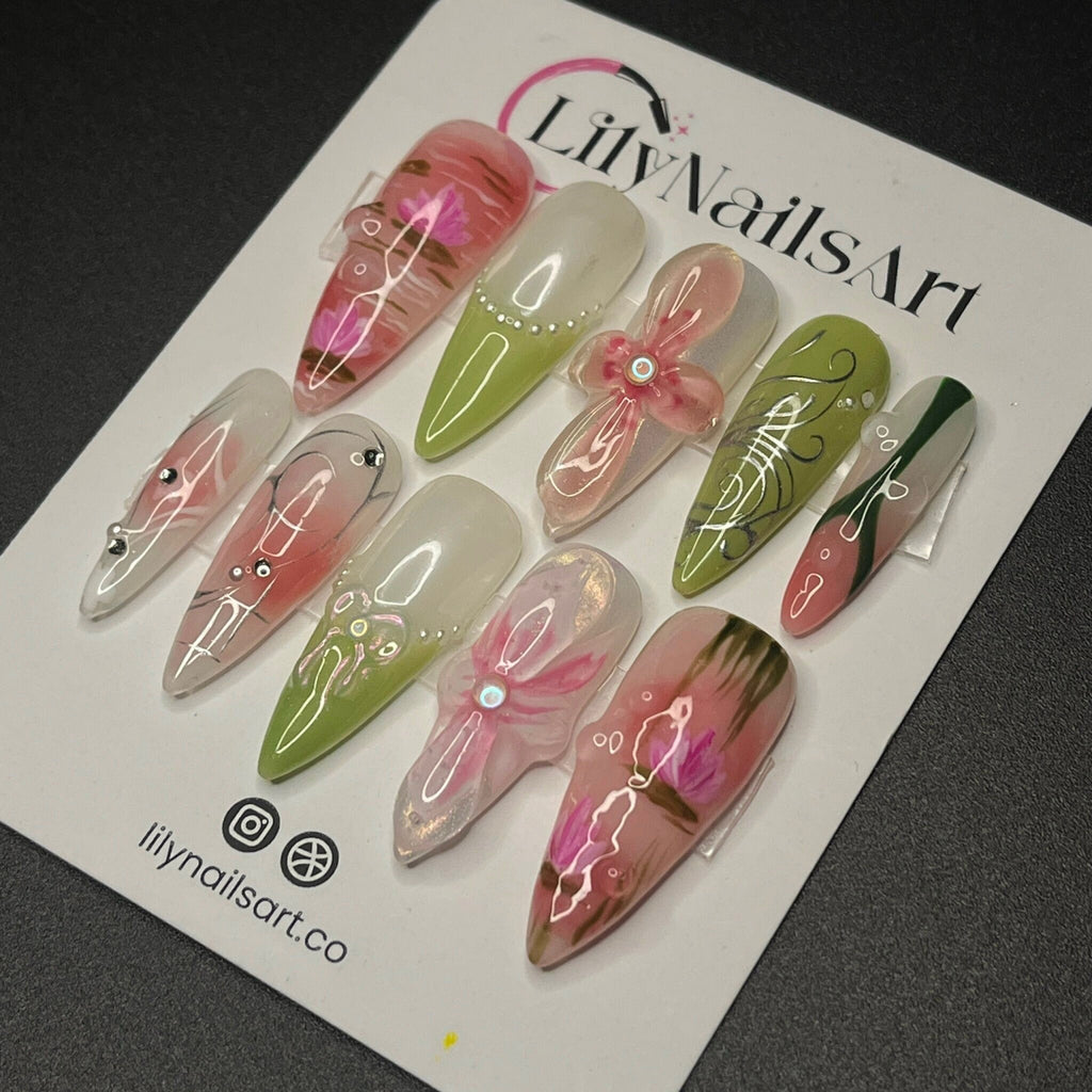 Painting Flower Long Almond Press On Nail, Custom Handpainted Acrylic Spring Fake/False Nail, Floral Nails