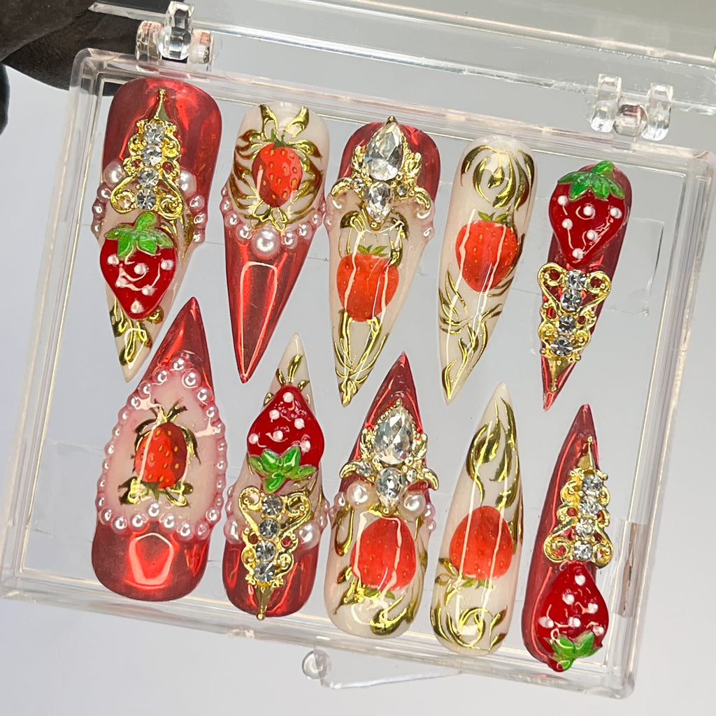 Strawberry Royal Long Stiletto Press On Nails, Handpainted Fake/False Nail, Event Birthday PromHoliday Nails Art