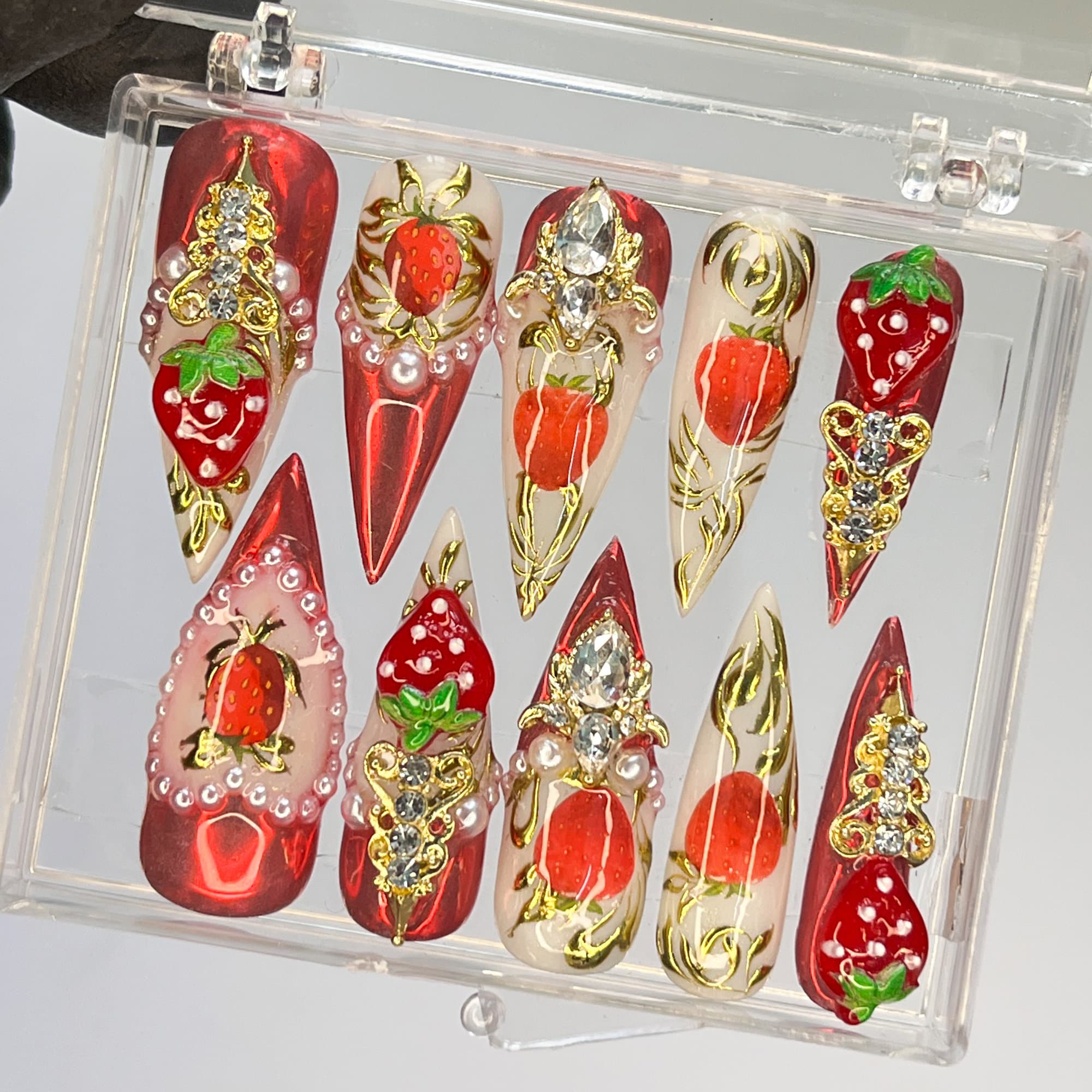 Strawberry Royal Long Stiletto Press On Nails, Handpainted Fake/False Nail, Event Birthday PromHoliday Nails Art