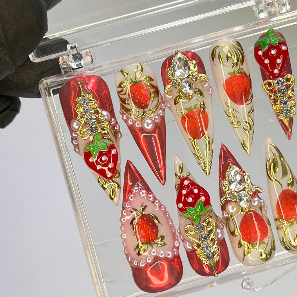Strawberry Royal Long Stiletto Press On Nails, Handpainted Fake/False Nail, Event Birthday PromHoliday Nails Art