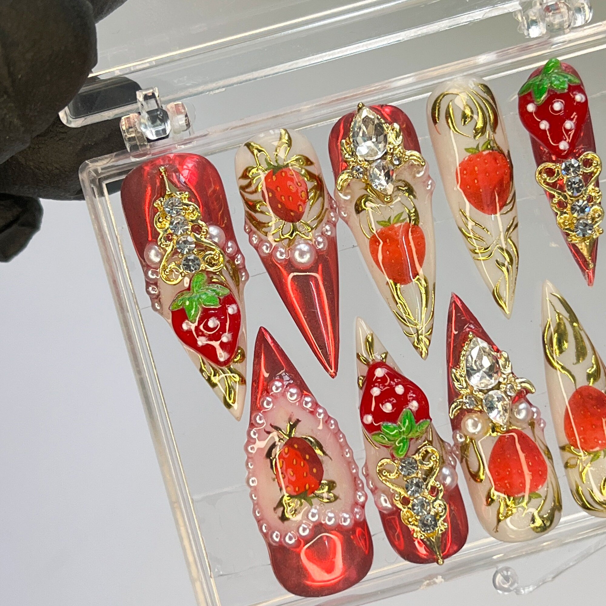 Strawberry Royal Long Stiletto Press On Nails, Handpainted Fake/False Nail, Event Birthday PromHoliday Nails Art