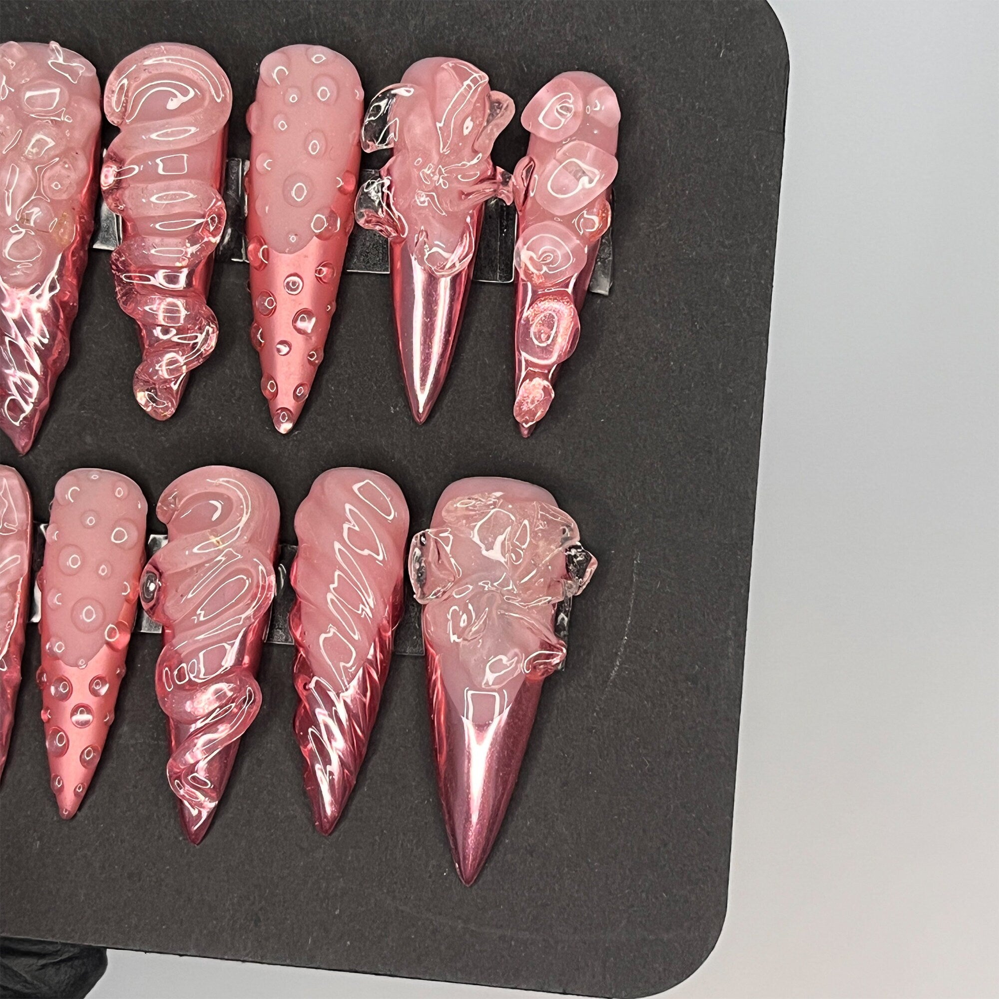 Pink Chrome French Tip 3D Gel XL Stiletto Press On Nails, Handpainted Fake/False Nail, Event/Birthday/Prom/Holiday Nails Art