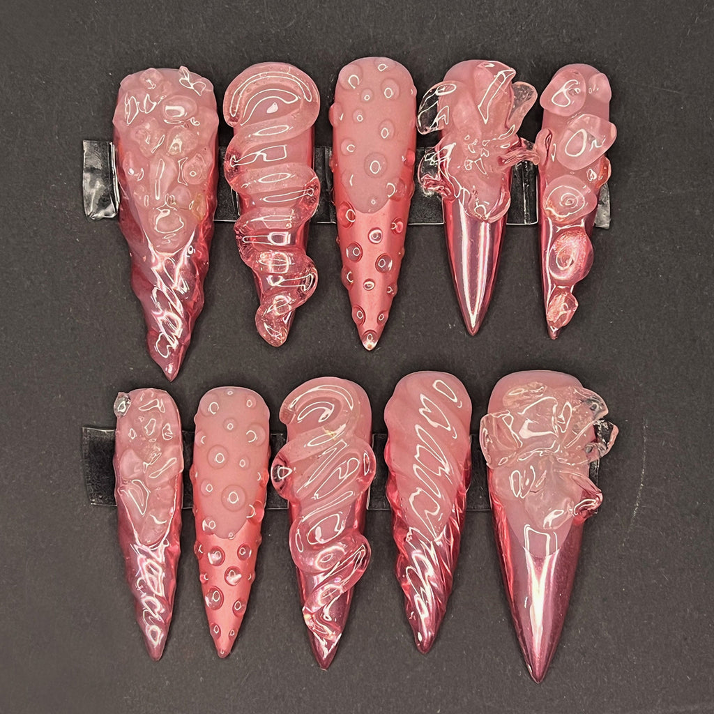 Pink Chrome French Tip 3D Gel XL Stiletto Press On Nails, Handpainted Fake/False Nail, Event/Birthday/Prom/Holiday Nails Art
