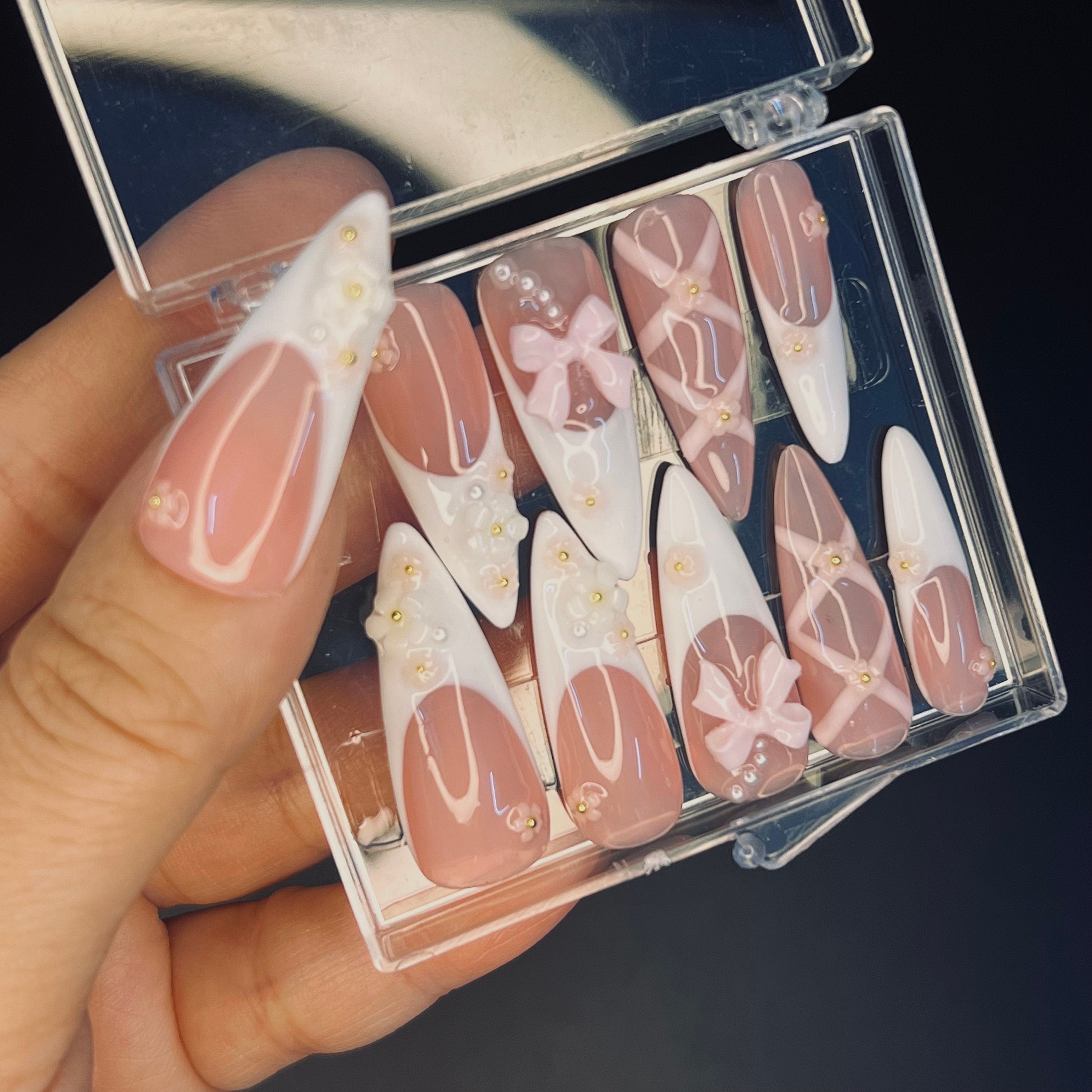 Blush Pink Ballerina 3D Gel Long Stiletto Press On Nails, Cute Design Fake Nails, Elegance Nail Art for Birthday, Holiday, Party, Event