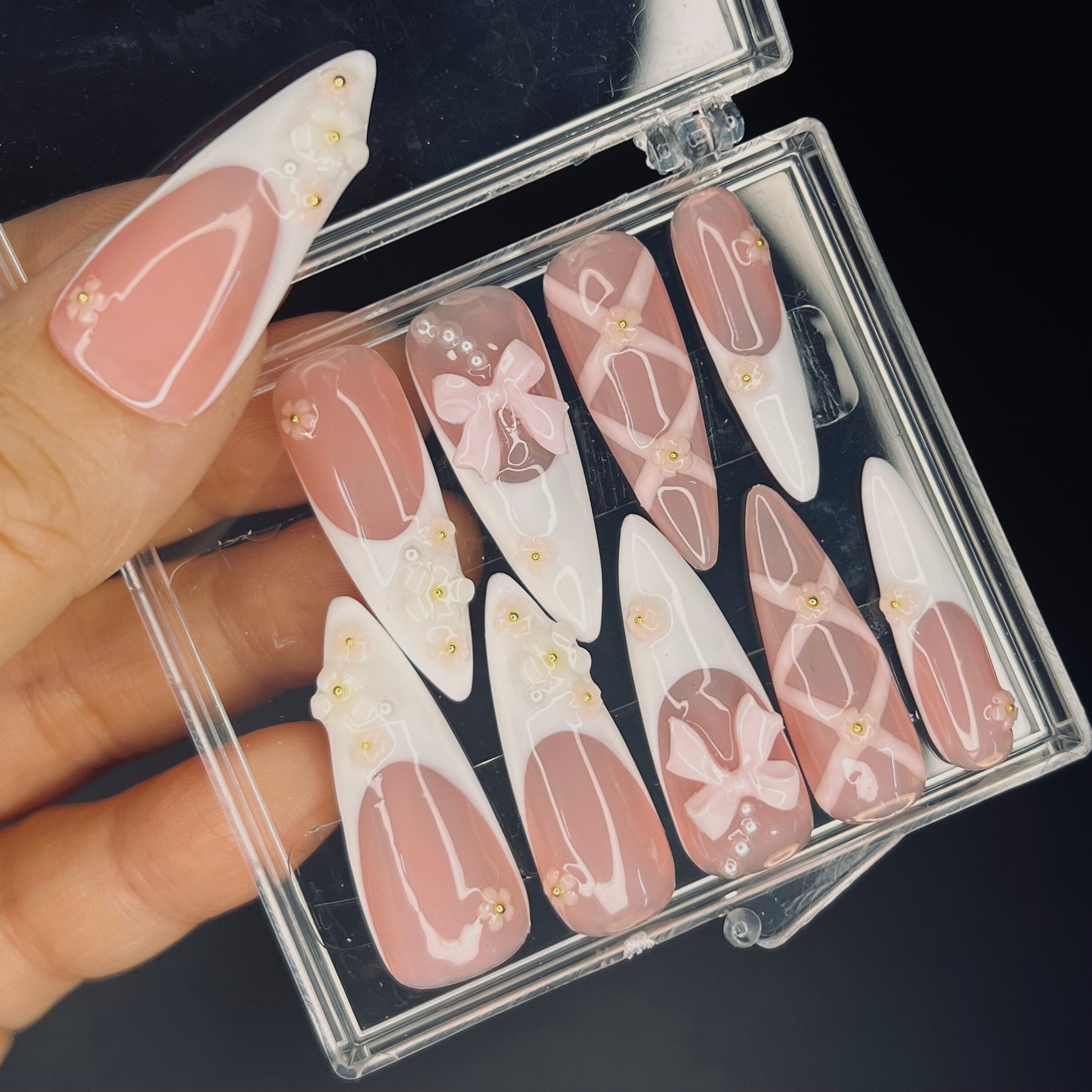 Blush Pink Ballerina 3D Gel Long Stiletto Press On Nails, Cute Design Fake Nails, Elegance Nail Art for Birthday, Holiday, Party, Event