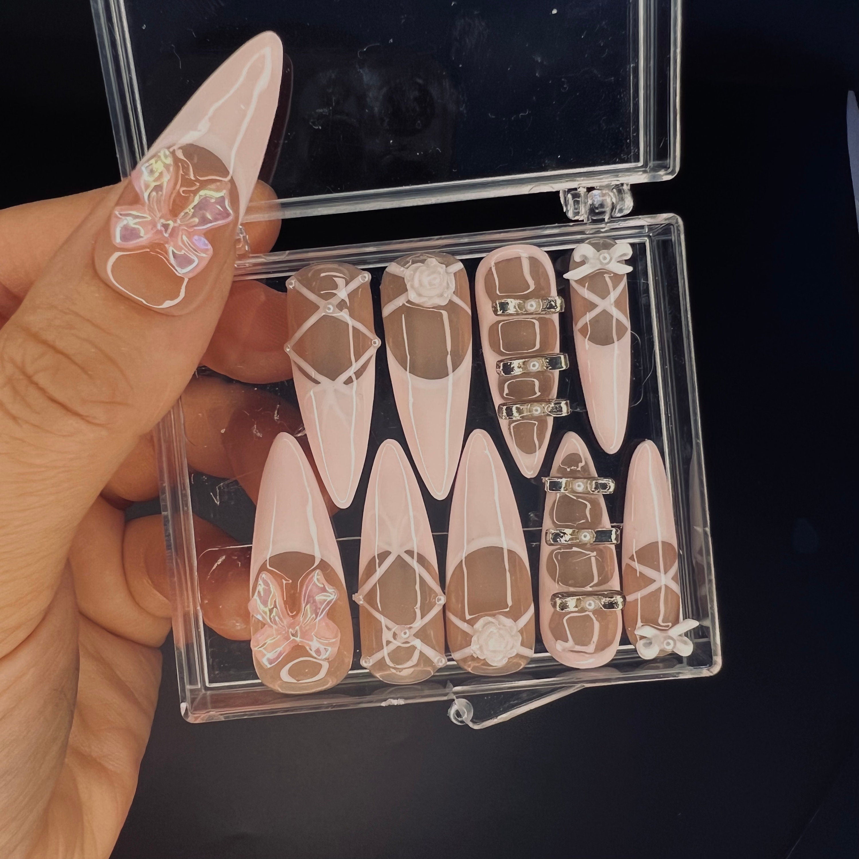 Blush Pink Ballerina 3D Gel Long Stiletto Press On Nails, Cute Design Fake Nails, Elegance Nail Art for Birthday, Holiday, Party, Event
