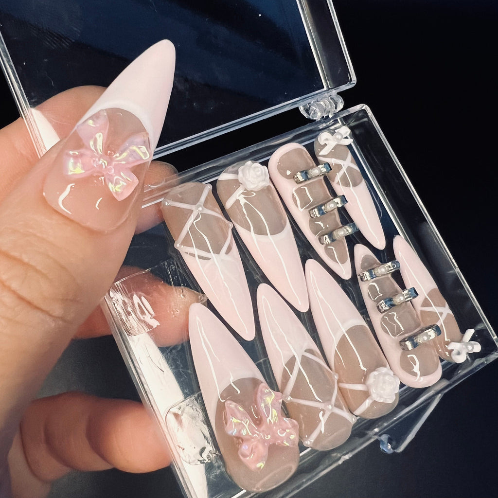 Blush Pink Ballerina 3D Gel Long Stiletto Press On Nails, Cute Design Fake Nails, Elegance Nail Art for Birthday, Holiday, Party, Event