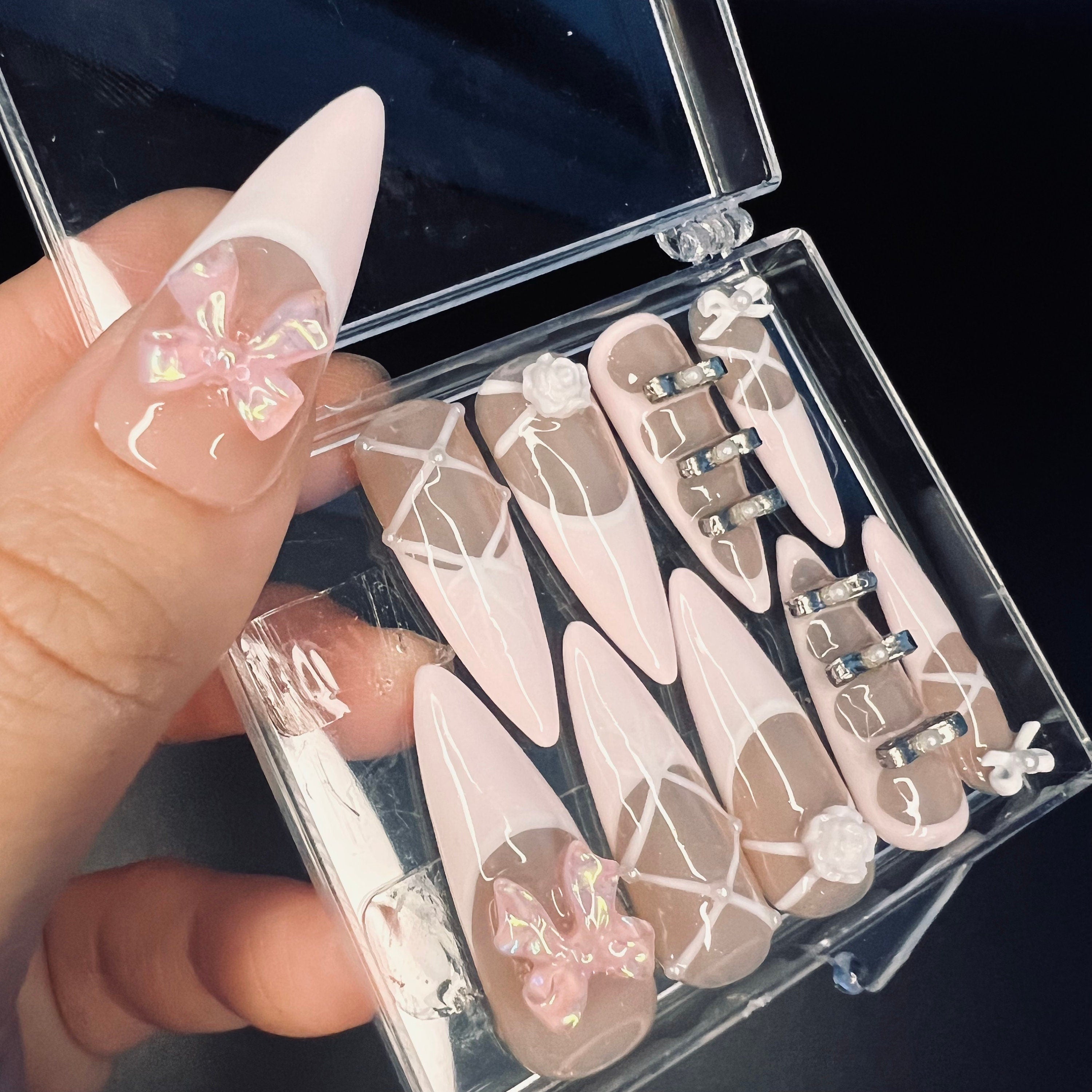 Blush Pink Ballerina 3D Gel Long Stiletto Press On Nails, Cute Design Fake Nails, Elegance Nail Art for Birthday, Holiday, Party, Event