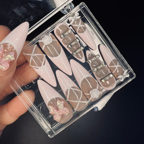 Blush Pink Ballerina 3D Gel Long Stiletto Press On Nails, Cute Design Fake Nails, Elegance Nail Art for Birthday, Holiday, Party, Event