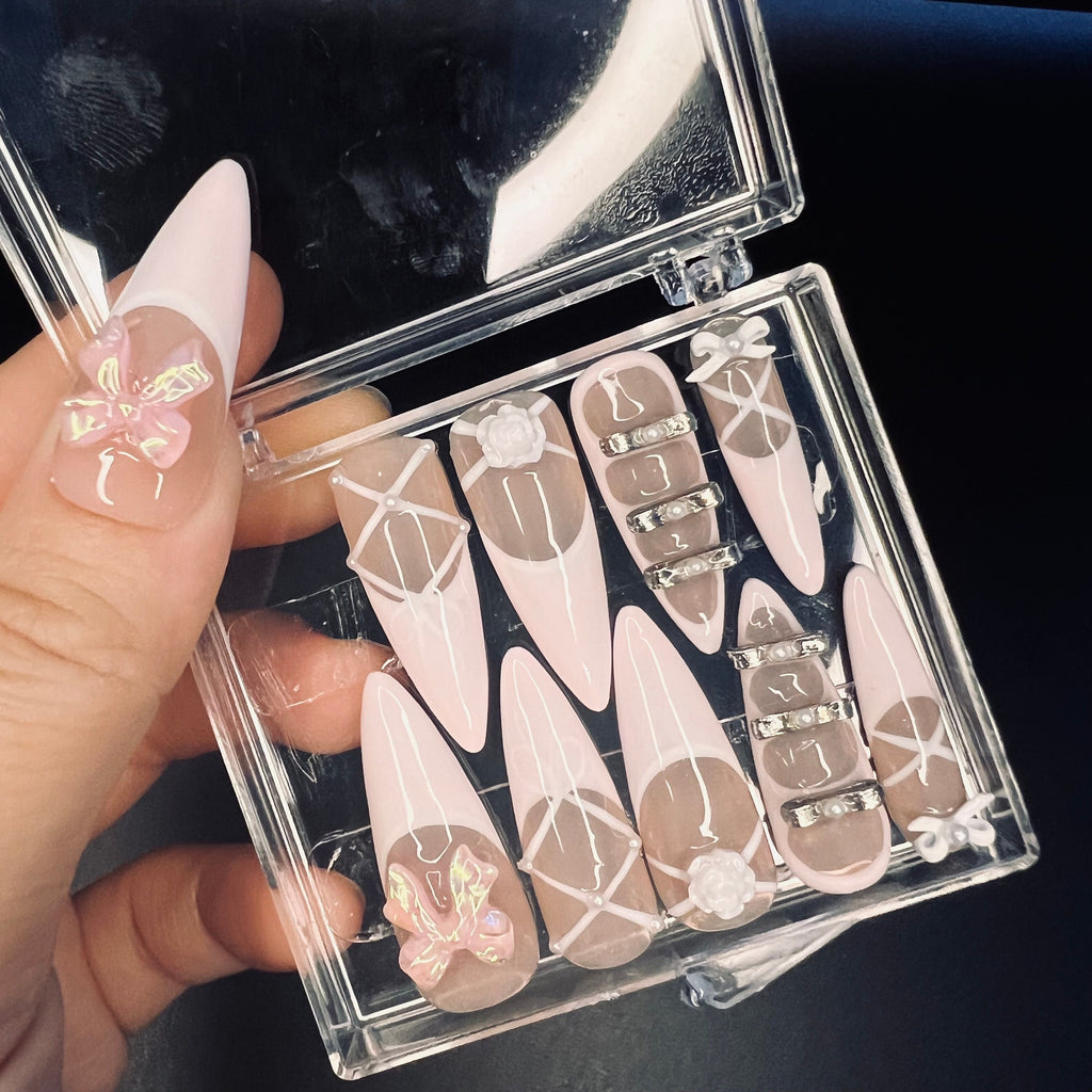 Blush Pink Ballerina 3D Gel Long Stiletto Press On Nails, Cute Design Fake Nails, Elegance Nail Art for Birthday, Holiday, Party, Event
