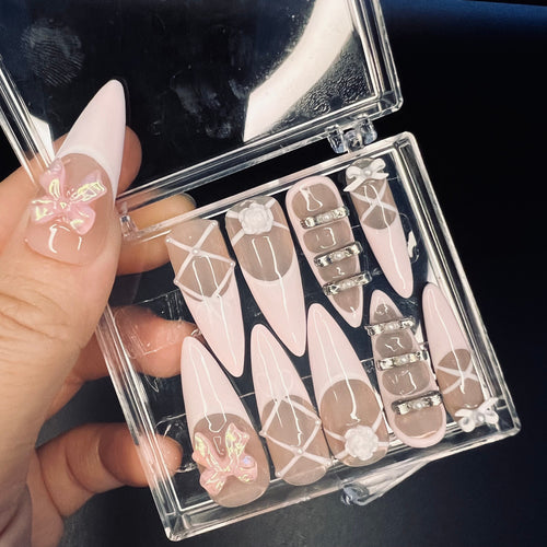 Blush Pink Ballerina 3D Gel Long Stiletto Press On Nails, Cute Design Fake Nails, Elegance Nail Art for Birthday, Holiday, Party, Event