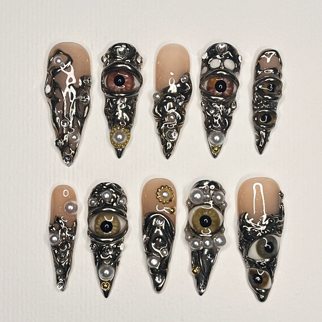 Horror Eyes Gothic/Emo Long Stiletto Press On Nail, Halloween/Cosplay/Carnival Nails Art, Handpainted Fake Nail, Reusable Gel Nail