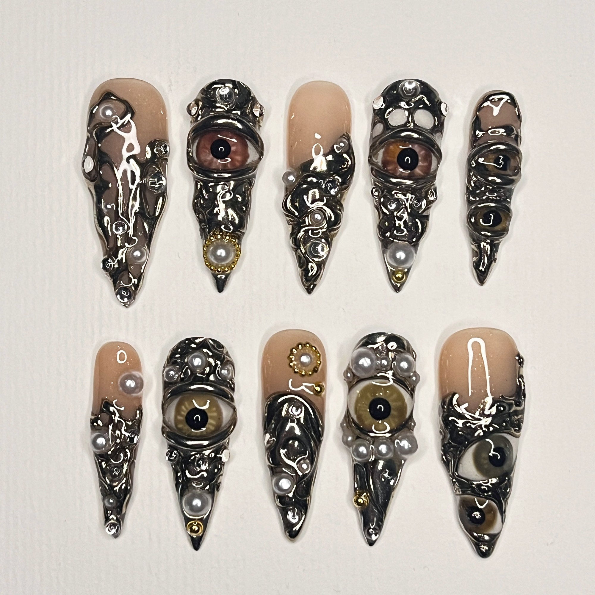Horror Eyes Gothic/Emo Long Stiletto Press On Nail, Halloween/Cosplay/Carnival Nails Art, Handpainted Fake Nail, Reusable Gel Nail