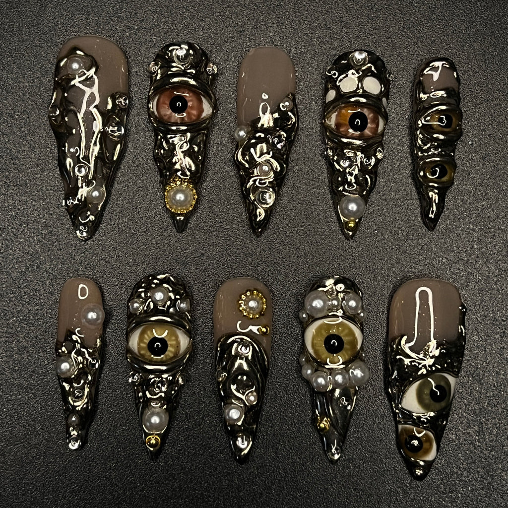 Horror Eyes Gothic/Emo Long Stiletto Press On Nail, Halloween/Cosplay/Carnival Nails Art, Handpainted Fake Nail, Reusable Gel Nail