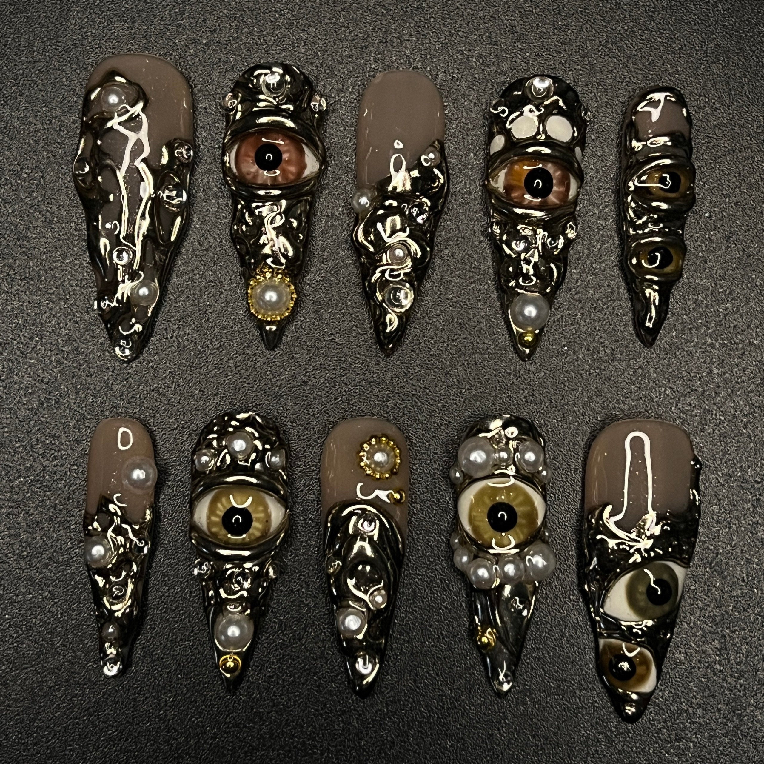 Horror Eyes Gothic/Emo Long Stiletto Press On Nail, Halloween/Cosplay/Carnival Nails Art, Handpainted Fake Nail, Reusable Gel Nail