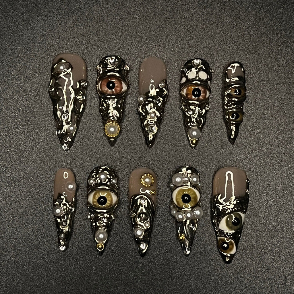 Horror Eyes Gothic/Emo Long Stiletto Press On Nail, Halloween/Cosplay/Carnival Nails Art, Handpainted Fake Nail, Reusable Gel Nail