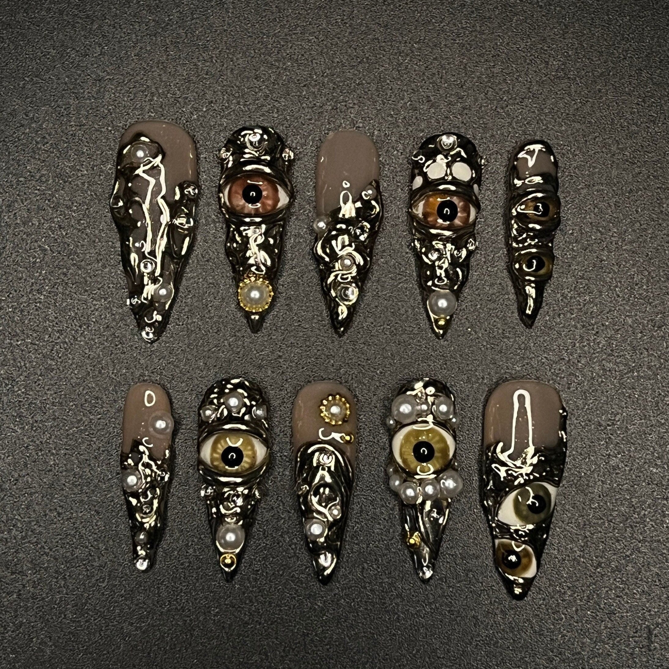 Horror Eyes Gothic/Emo Long Stiletto Press On Nail, Halloween/Cosplay/Carnival Nails Art, Handpainted Fake Nail, Reusable Gel Nail