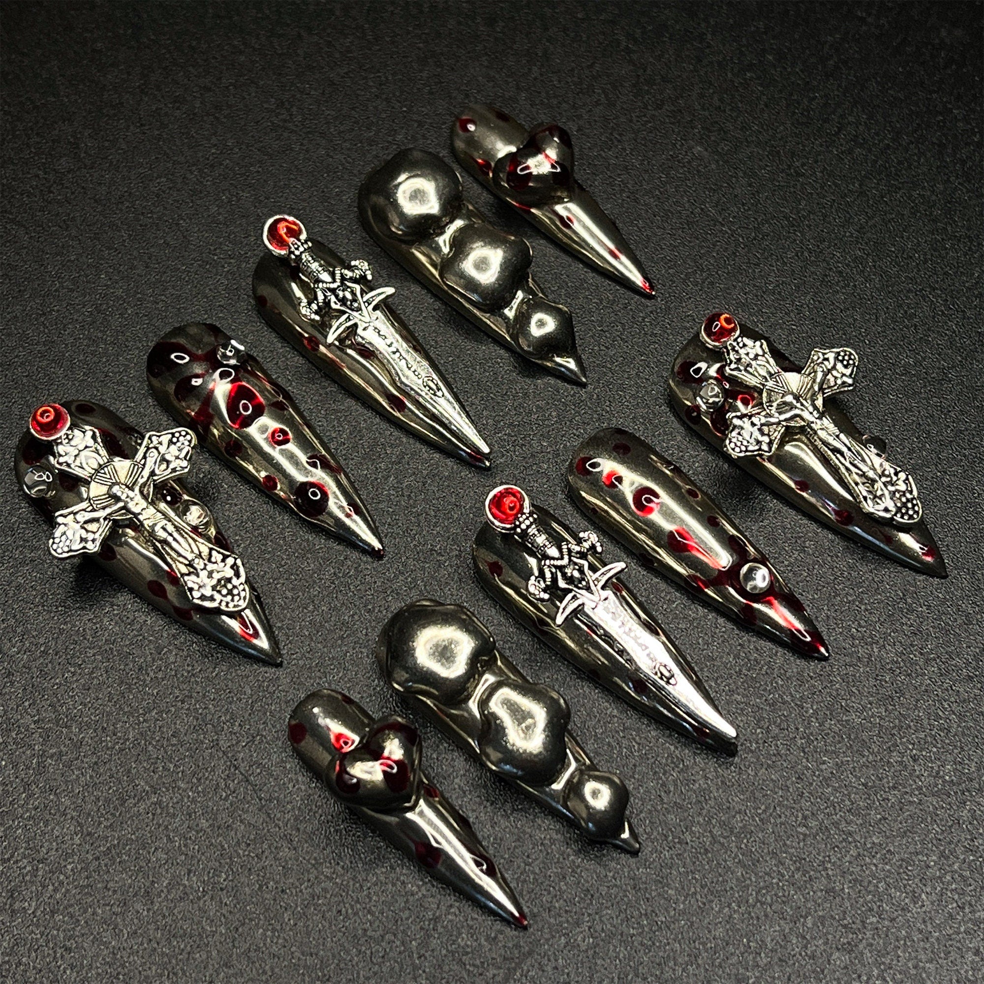 Silver Swords with Blood Long Stiletto Press On Nail, Halloween/Cosplay Nail Art, Handpainted Fake Nail, Reusable Gel Nail