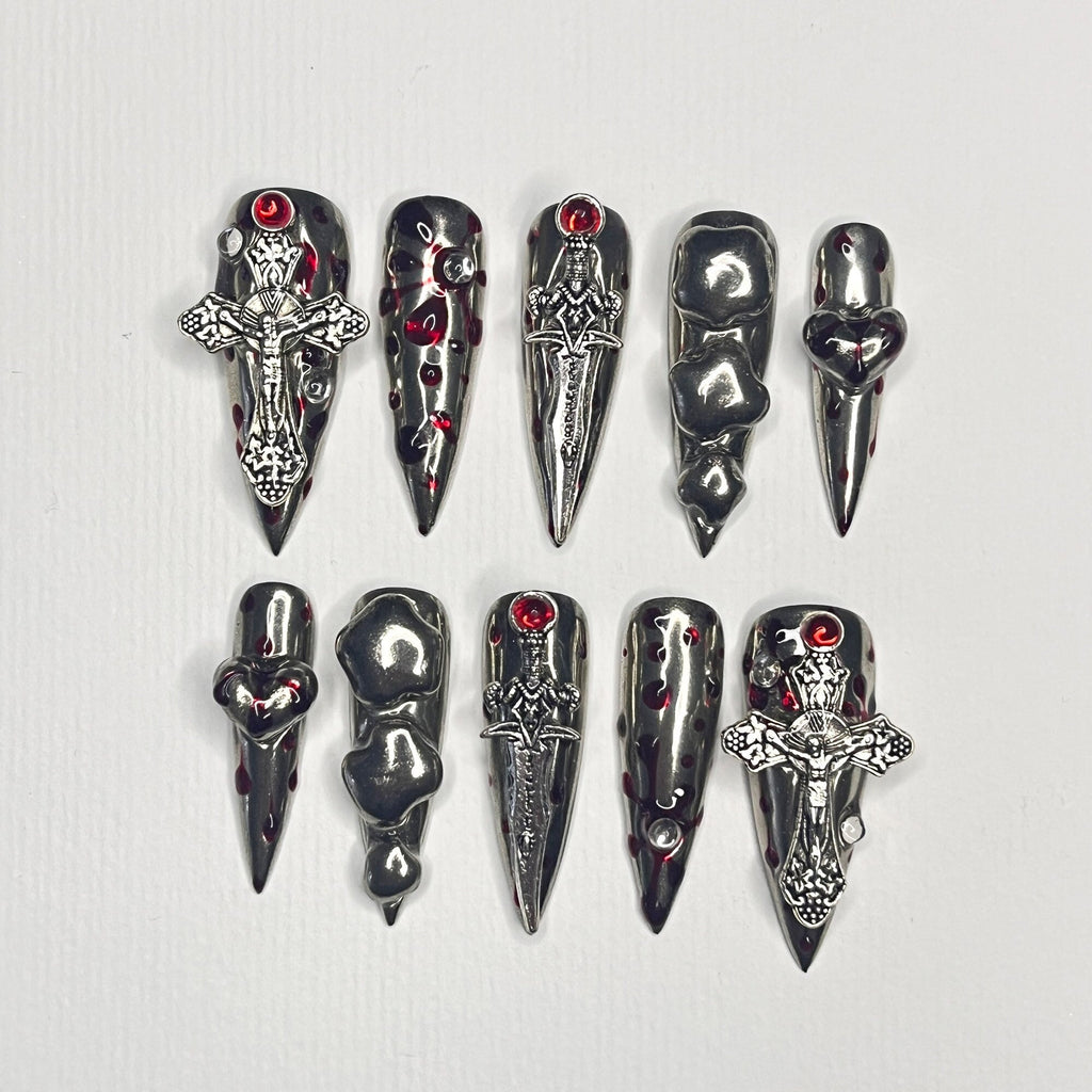 Silver Swords with Blood Long Stiletto Press On Nail, Halloween/Cosplay Nail Art, Handpainted Fake Nail, Reusable Gel Nail