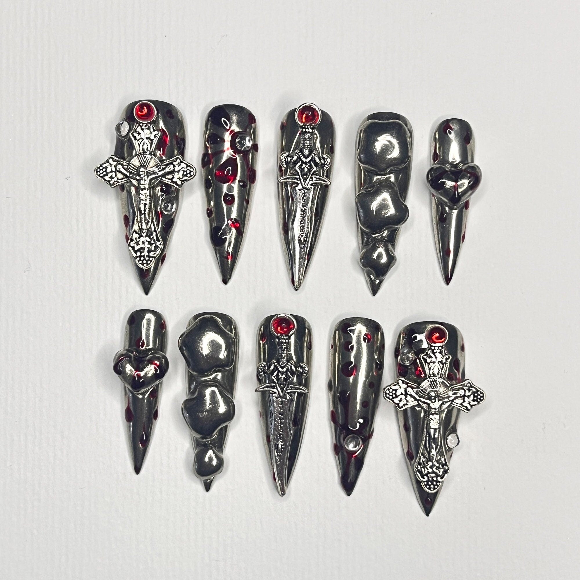 Silver Swords with Blood Long Stiletto Press On Nail, Halloween/Cosplay Nail Art, Handpainted Fake Nail, Reusable Gel Nail