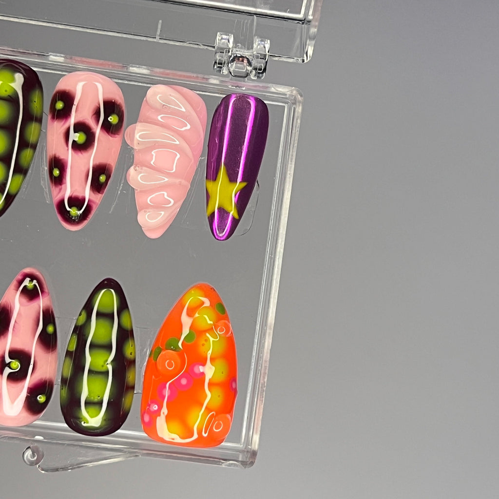 Freestyle 3D Short Square Press On Nails, Colourful Cute Handpainted Fake Nails, Holiday Birthday Event Nails Art