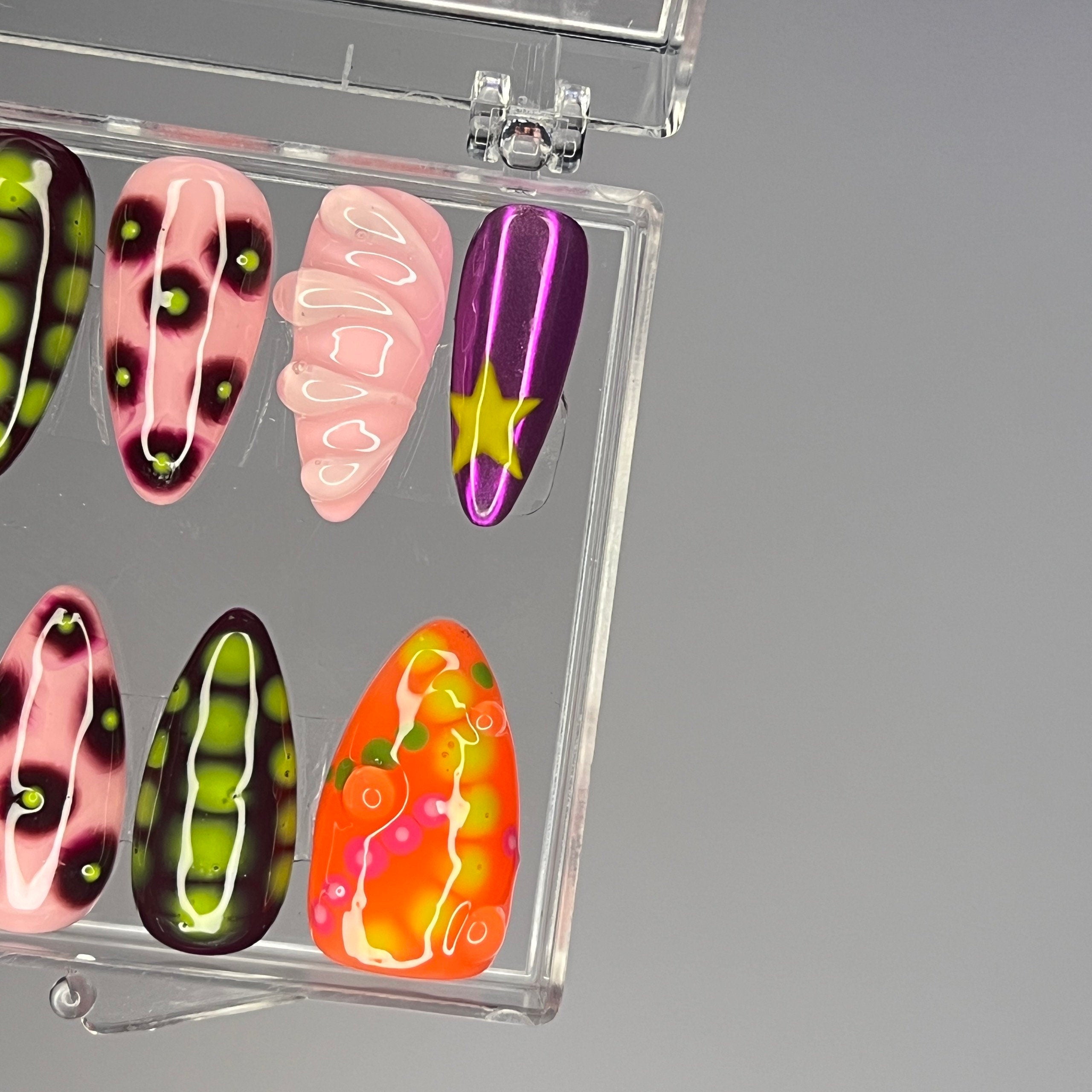 Freestyle 3D Short Square Press On Nails, Colourful Cute Handpainted Fake Nails, Holiday Birthday Event Nails Art