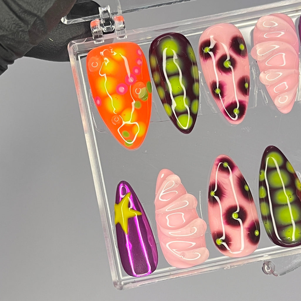 Freestyle 3D Short Square Press On Nails, Colourful Cute Handpainted Fake Nails, Holiday Birthday Event Nails Art