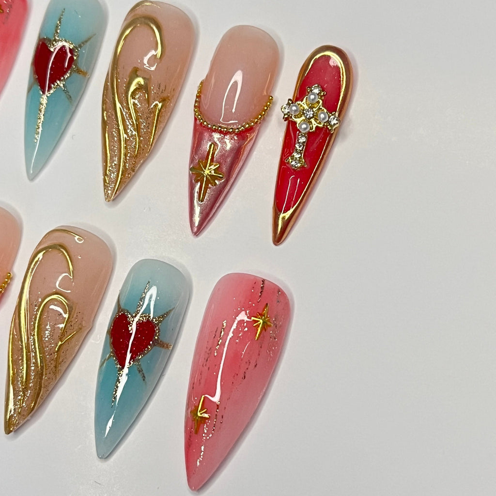 Chic Almond-Shaped Press-On Nails with Elegant Red Heart and French Tip Cross Design - Perfect for Holidays, Vacations, or Gifts for Her