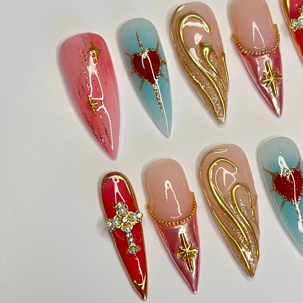 Chic Almond-Shaped Press-On Nails with Elegant Red Heart and French Tip Cross Design - Perfect for Holidays, Vacations, or Gifts for Her