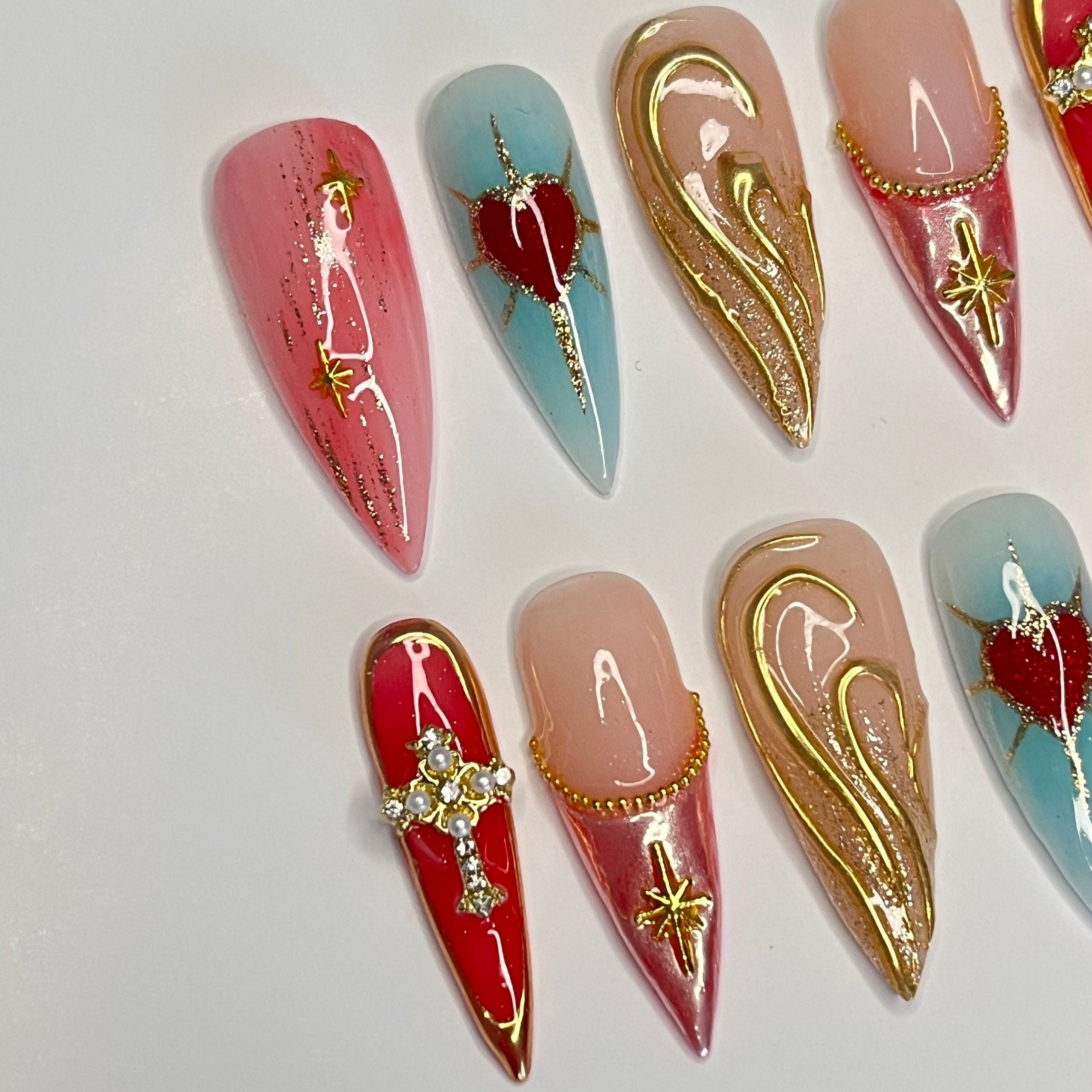 Chic Almond-Shaped Press-On Nails with Elegant Red Heart and French Tip Cross Design - Perfect for Holidays, Vacations, or Gifts for Her
