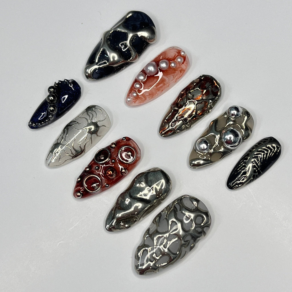 Freestyle 3D Almond Press On Nails, Metallic Chrome Goth Nails Art, Gothic Emo Style Press Ons for Birthday Event Holiday