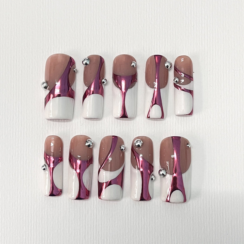 Handpainted White French Tip Pink Chrome Long Square Press On Nails - Luxury Nail Art for Prom, Events, and Birthdays