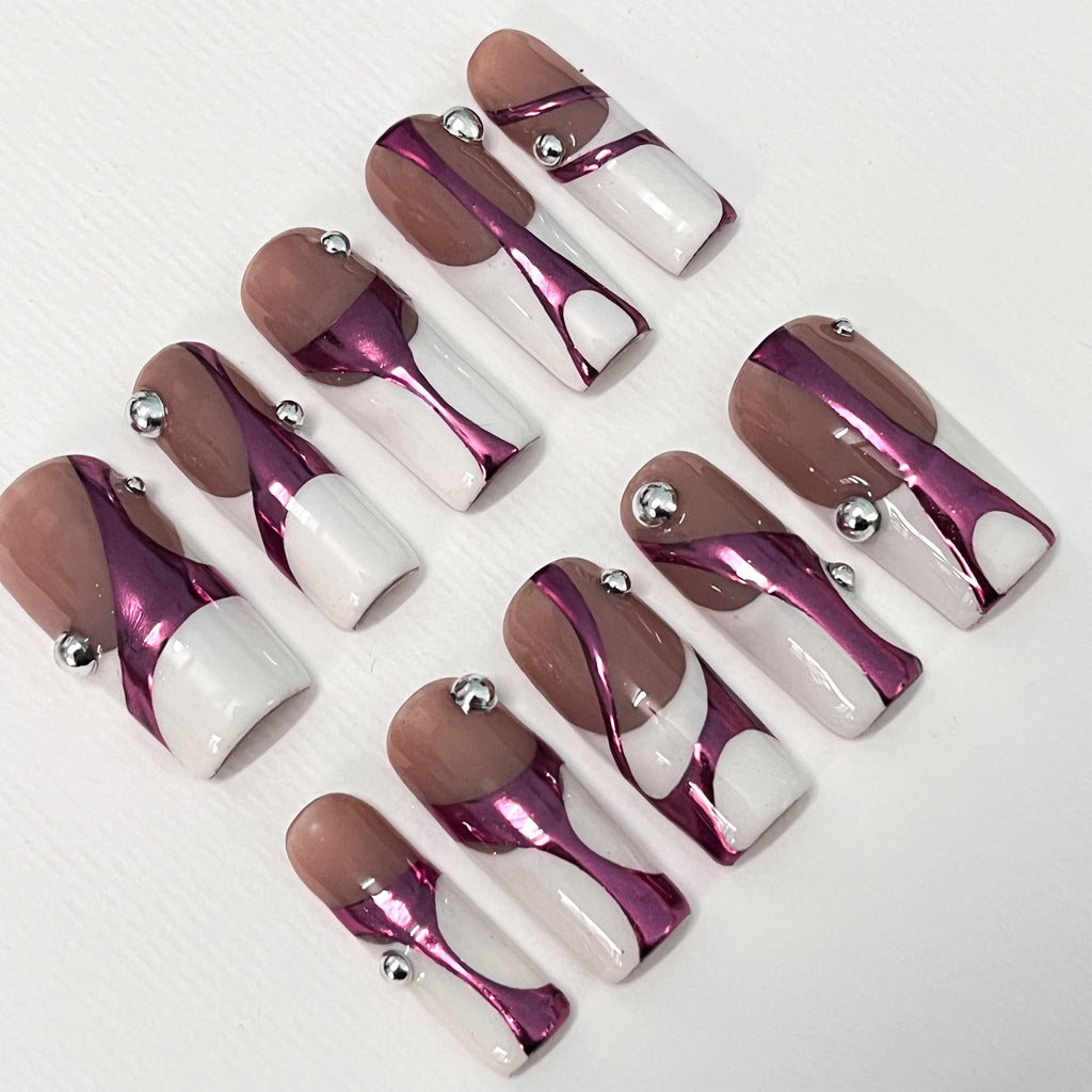 Handpainted White French Tip Pink Chrome Long Square Press On Nails - Luxury Nail Art for Prom, Events, and Birthdays