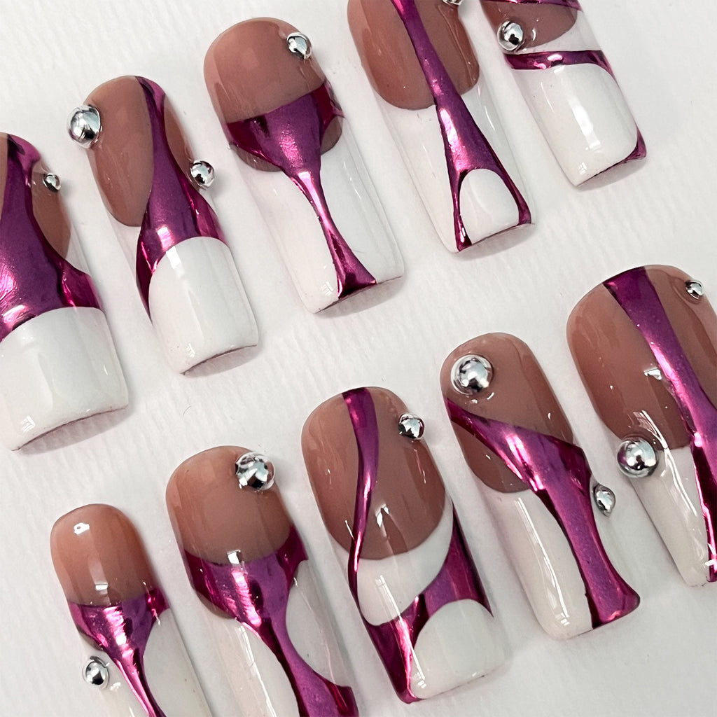Handpainted White French Tip Pink Chrome Long Square Press On Nails - Luxury Nail Art for Prom, Events, and Birthdays