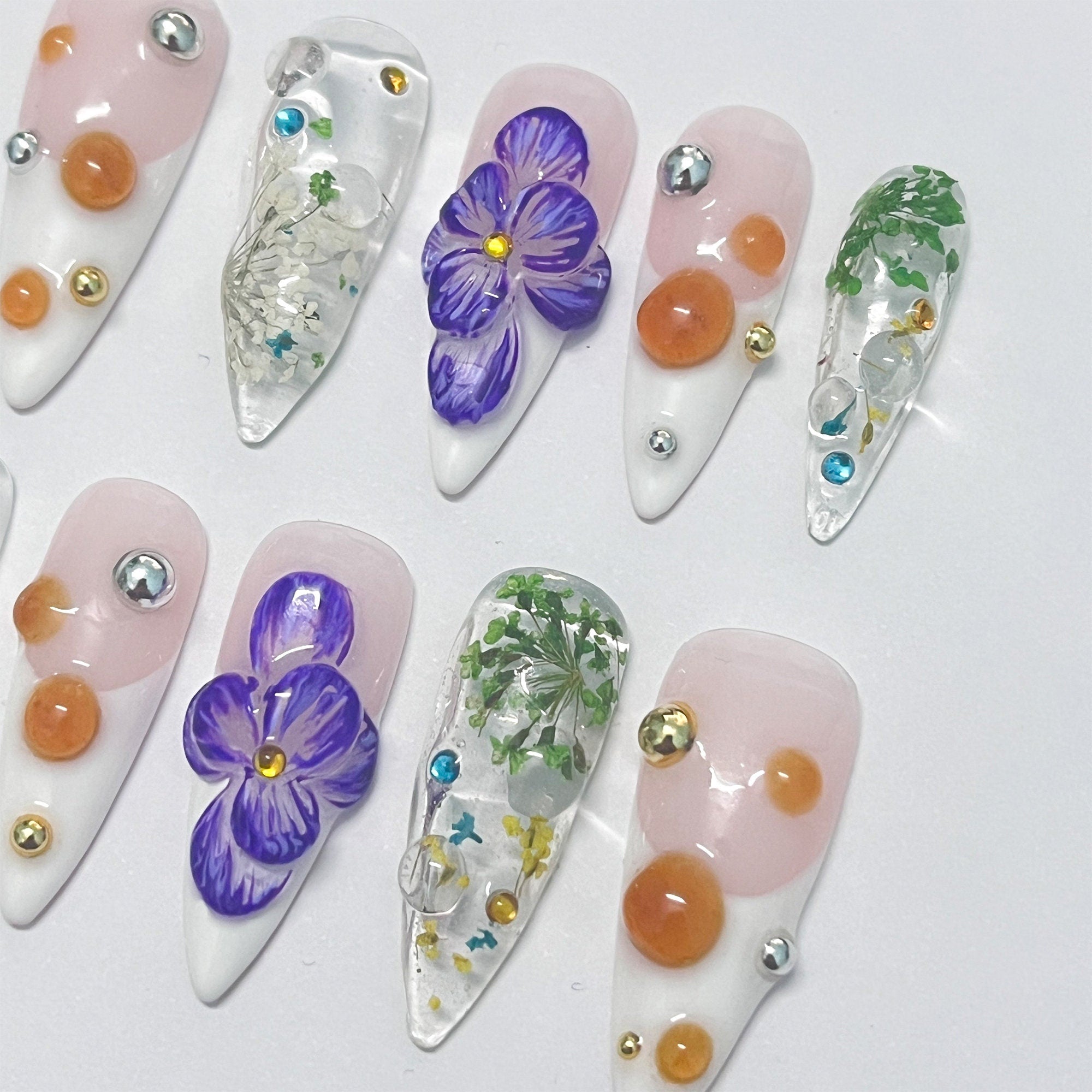 3D Dry Orchard Flower Long Almond Press On Nail, Custom Handpainted Acrylic Spring Fake/False Nail, Floral Nails