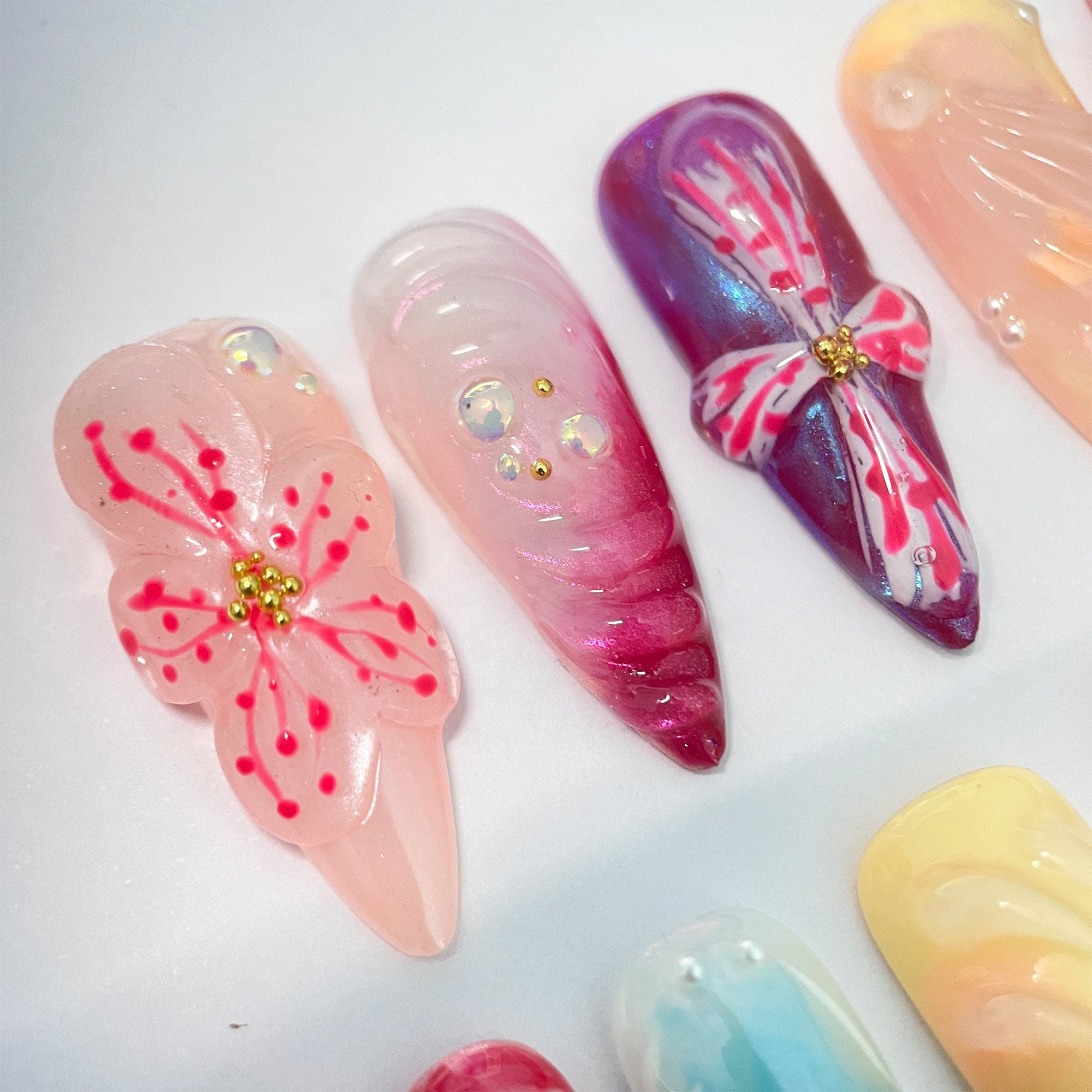 3D Dry Orchard Flower Long Almond Press On Nail, Custom Handpainted Acrylic Spring Fake/False Nail, Floral Nails