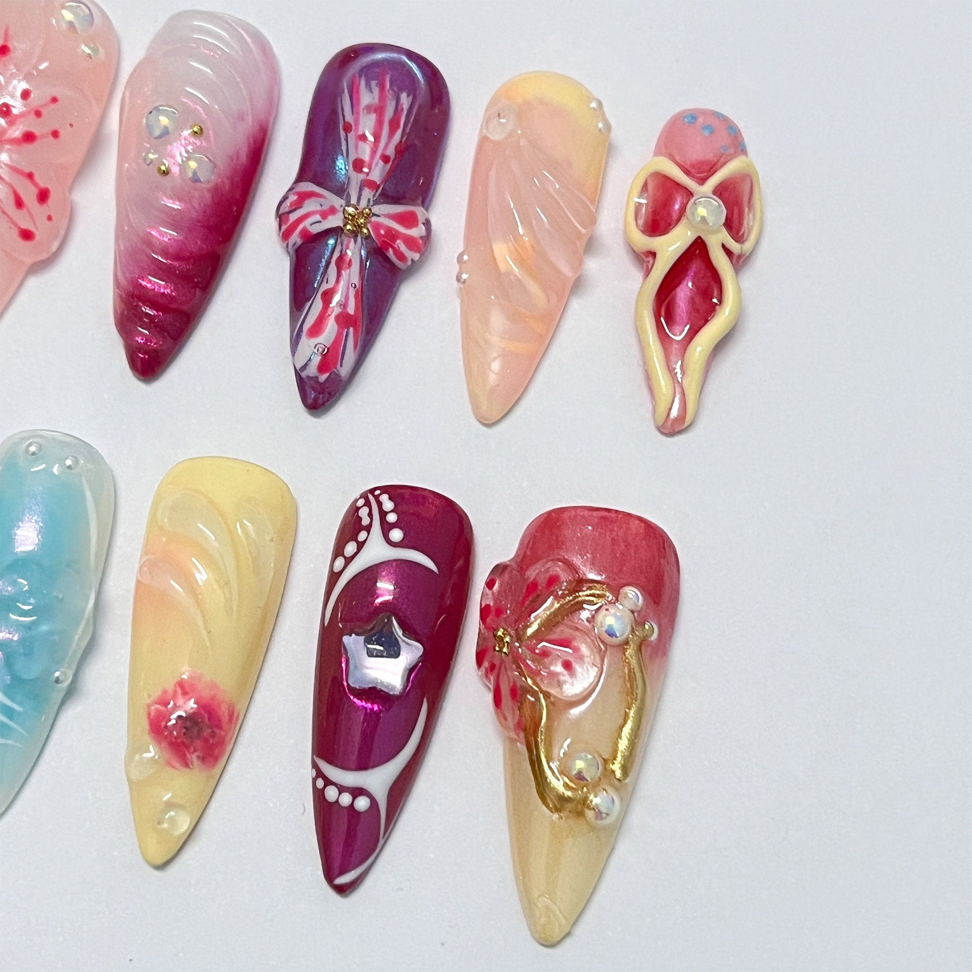 3D Dry Orchard Flower Long Almond Press On Nail, Custom Handpainted Acrylic Spring Fake/False Nail, Floral Nails