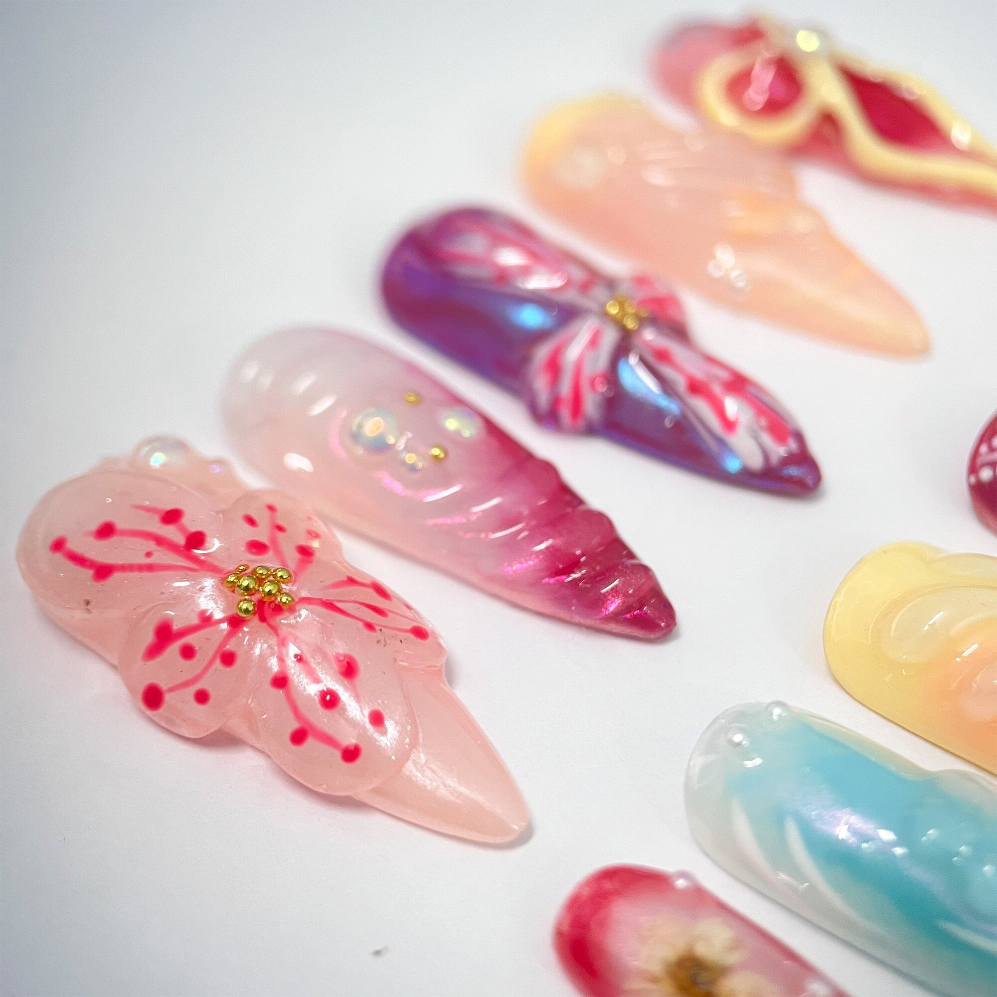 3D Dry Orchard Flower Long Almond Press On Nail, Custom Handpainted Acrylic Spring Fake/False Nail, Floral Nails