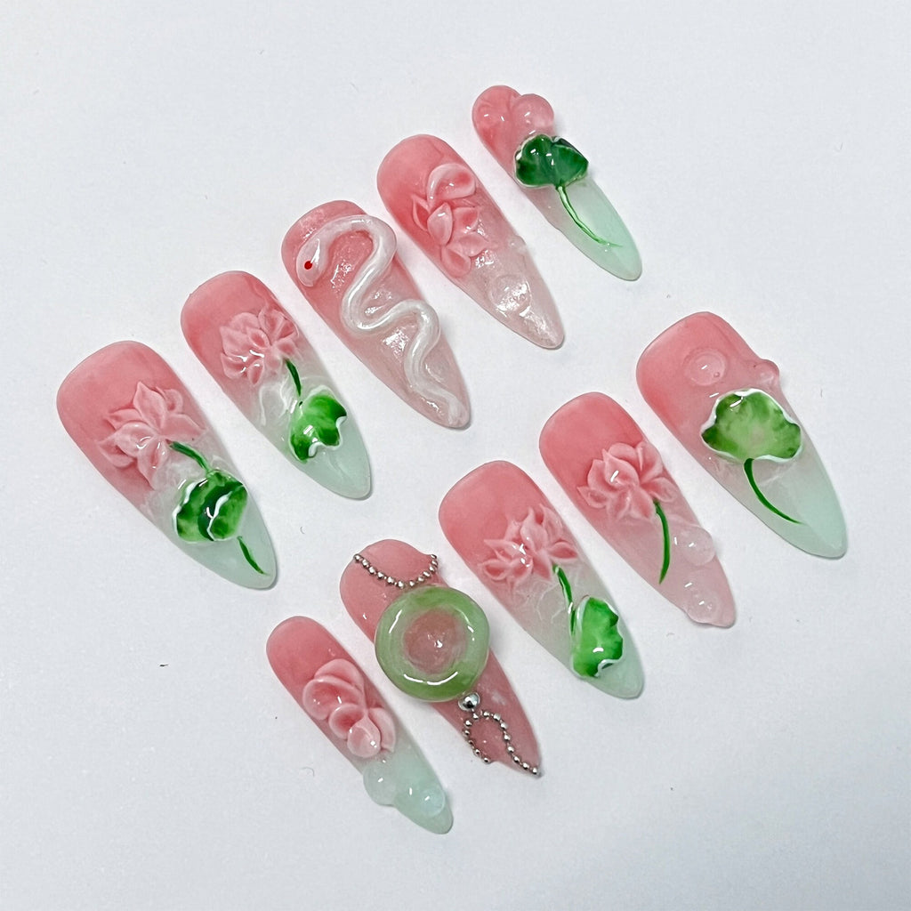 Pink Lotus And White Snake Long Almond Press On Nail, Custom Handpainted Acrylic Spring Fake/False Nail, Floral Nails