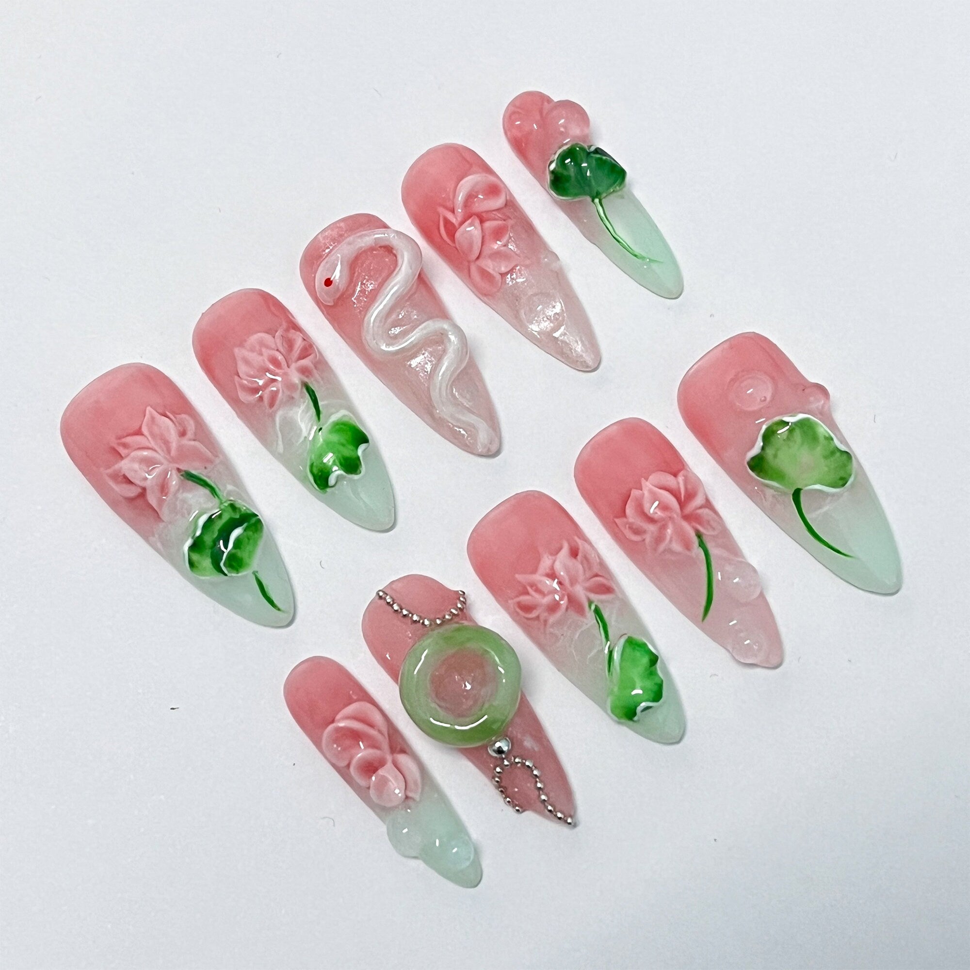 Pink Lotus And White Snake Long Almond Press On Nail, Custom Handpainted Acrylic Spring Fake/False Nail, Floral Nails