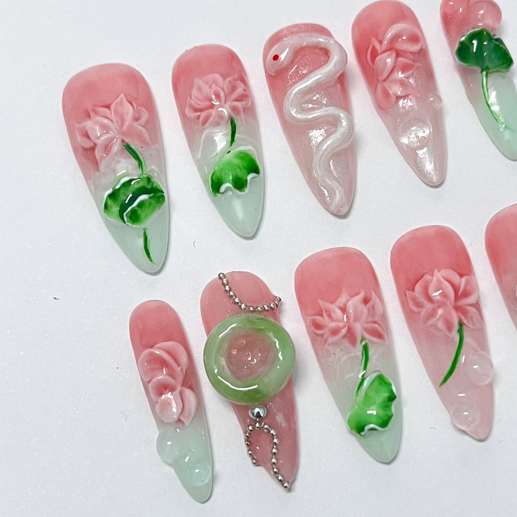 Pink Lotus And White Snake Long Almond Press On Nail, Custom Handpainted Acrylic Spring Fake/False Nail, Floral Nails