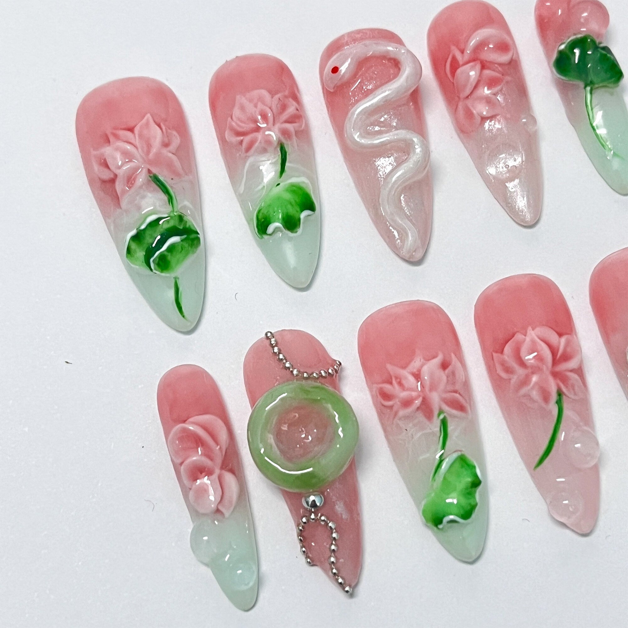 Pink Lotus And White Snake Long Almond Press On Nail, Custom Handpainted Acrylic Spring Fake/False Nail, Floral Nails